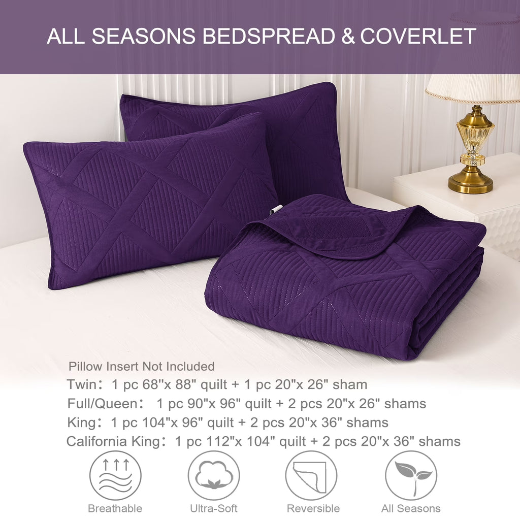 Ultrasonic Twin Quilt Set, 2-Piece Lightweight Bedspreads Modern Striped Coverlet, Deep Purple