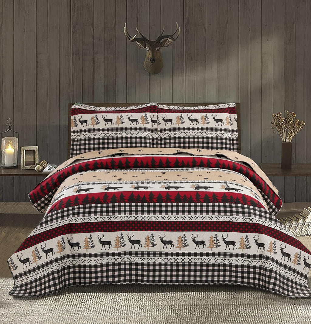 Quilt Set Queen/Full Size Rustic Quilt Bedspread Country Lodge Bedding Cabin Reversible Quilt Bedding Home Lightweight Bedspread Coverlet Black White Buffalo Plaid Quilt Animal Moose Bear Bedding