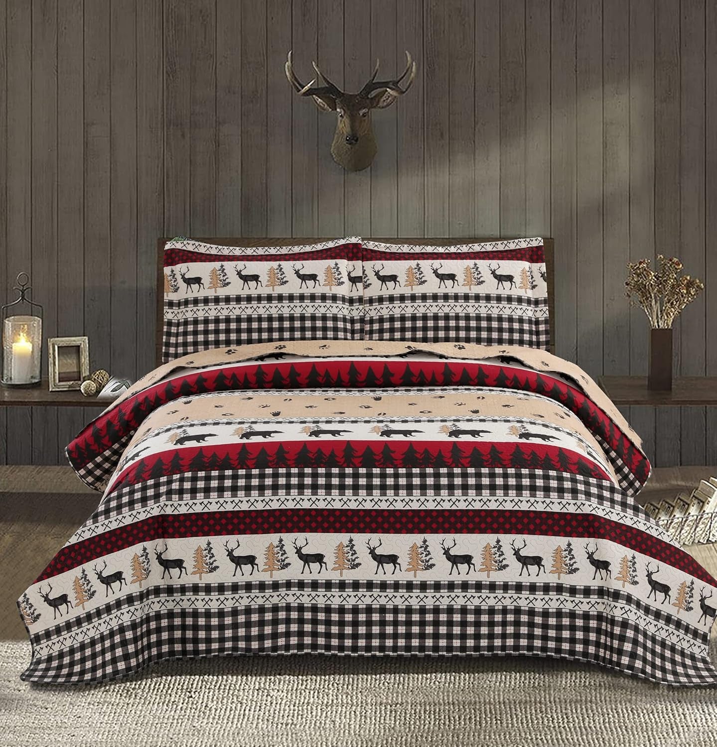 Quilt Set Queen/Full Size Rustic Quilt Bedspread Country Lodge Bedding Cabin Reversible Quilt Bedding Home Lightweight Bedspread Coverlet Black White Buffalo Plaid Quilt Animal Moose Bear Bedding