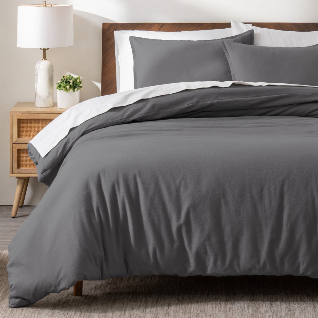 Flannel Duvet Cover Set - 100% Flannel Cotton - Double Brushed - Queen, Gray