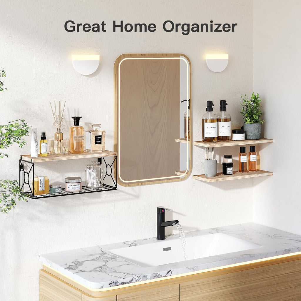 Amada Bathroom Shelves over Toilet with Storage Basket, Floating Wall Shelf for Home Organization & Wall Decor, Bathroom/Kitchen/Living Room Shelves–Natural Wood
