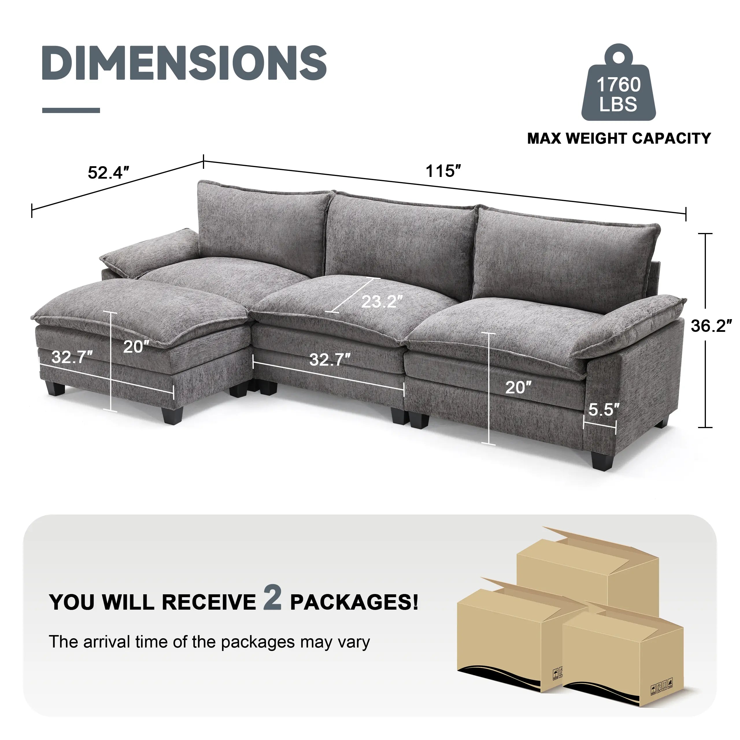 【2-3 Packages】115-149 Inch Modular Couch Sectionals with Ottoman, Big Comfy Cloud Couches, L/U Shaped 4-6 Seat Modular Sectional Sofa, Modern Cloud Sectional Couches for Living Room, Deep Seat Sofa