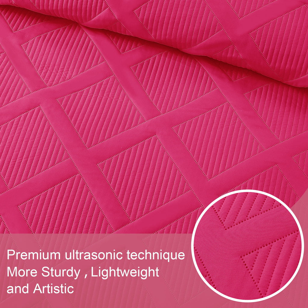 Ultrasonic King Quilt Set, 3-Piece Lightweight Bedspreads Modern Striped Coverlet, Hot Pink