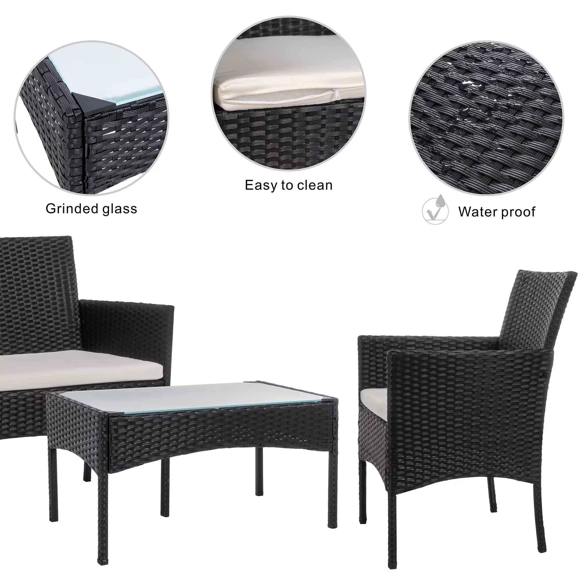 4-Piece Patio Rattan Furniture Set with Cushions & Tempered Glass Tabletop, White