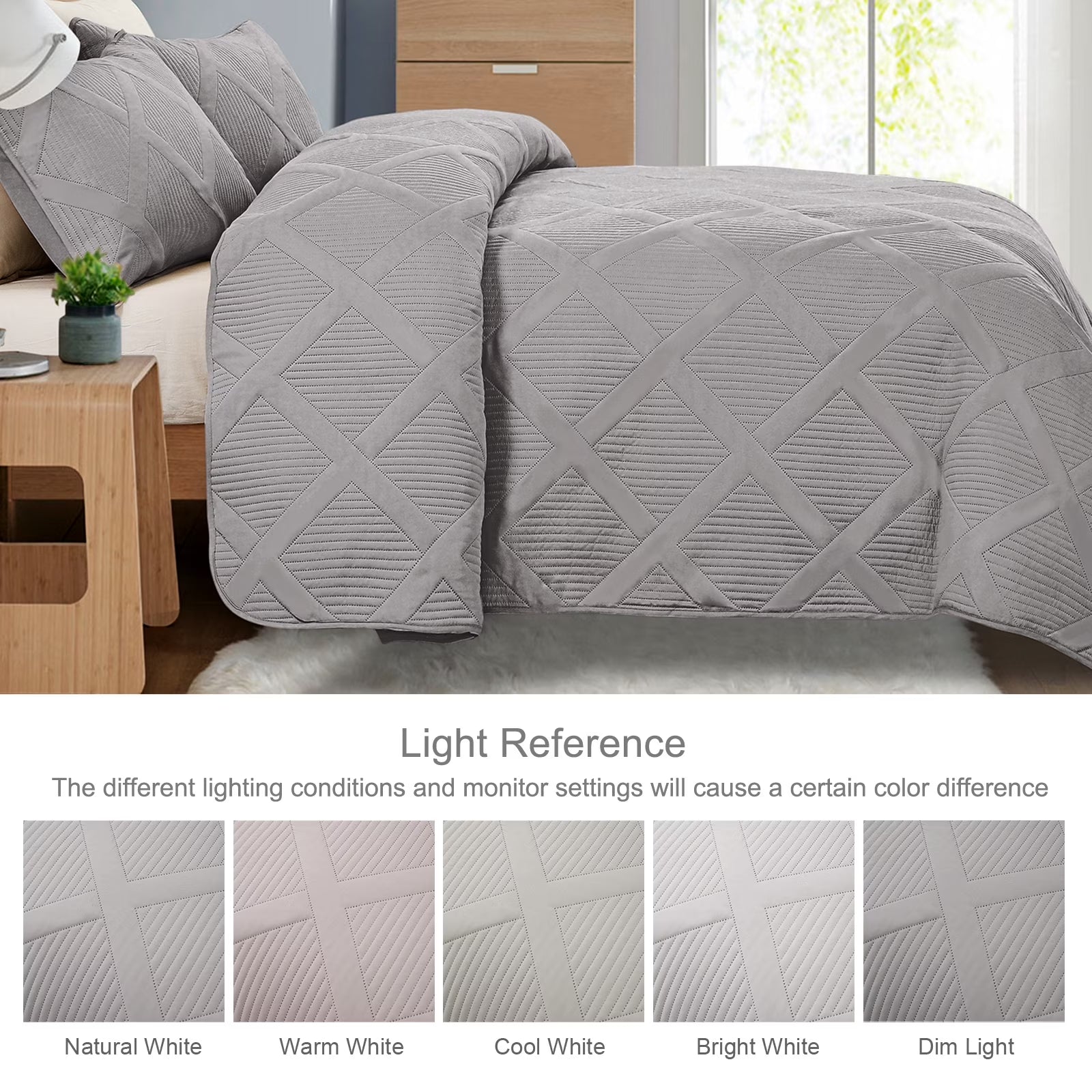 Ultrasonic King Quilt Set, 3-Piece Lightweight Bedspreads Modern Striped Coverlet, Light Grey