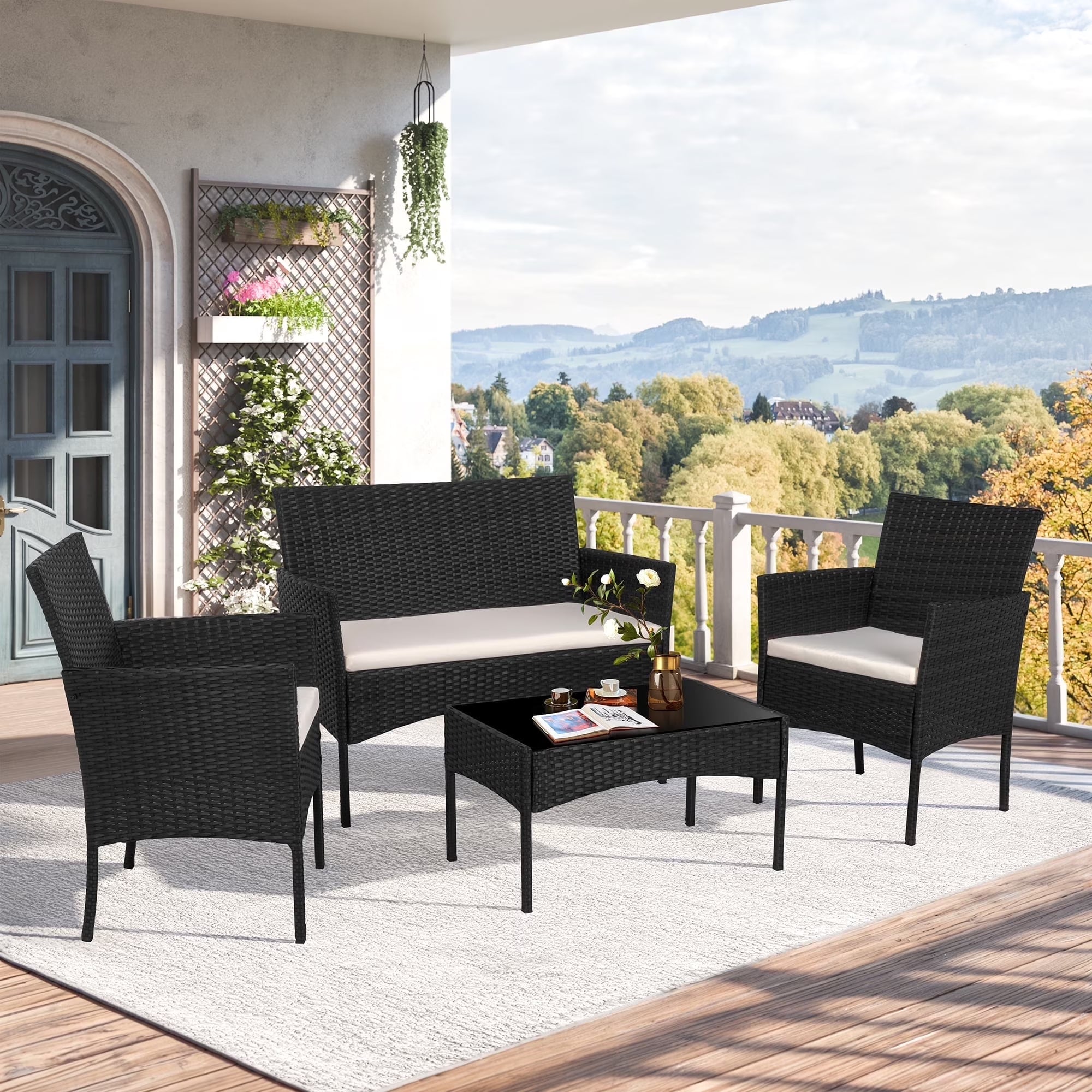 4-Piece Patio Rattan Furniture Set with Cushions & Tempered Glass Tabletop, White