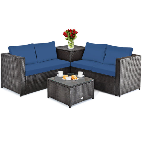 4PCS Patio Rattan Furniture Set Cushioned Loveseat Storage Table Navy