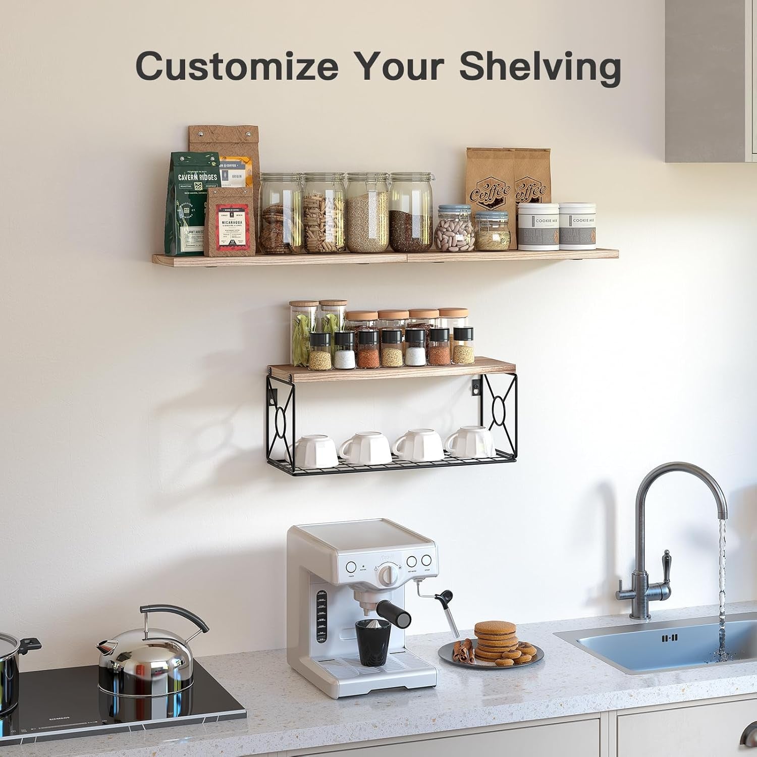 Amada Bathroom Shelves over Toilet with Storage Basket, Floating Wall Shelf for Home Organization & Wall Decor, Bathroom/Kitchen/Living Room Shelves–Natural Wood