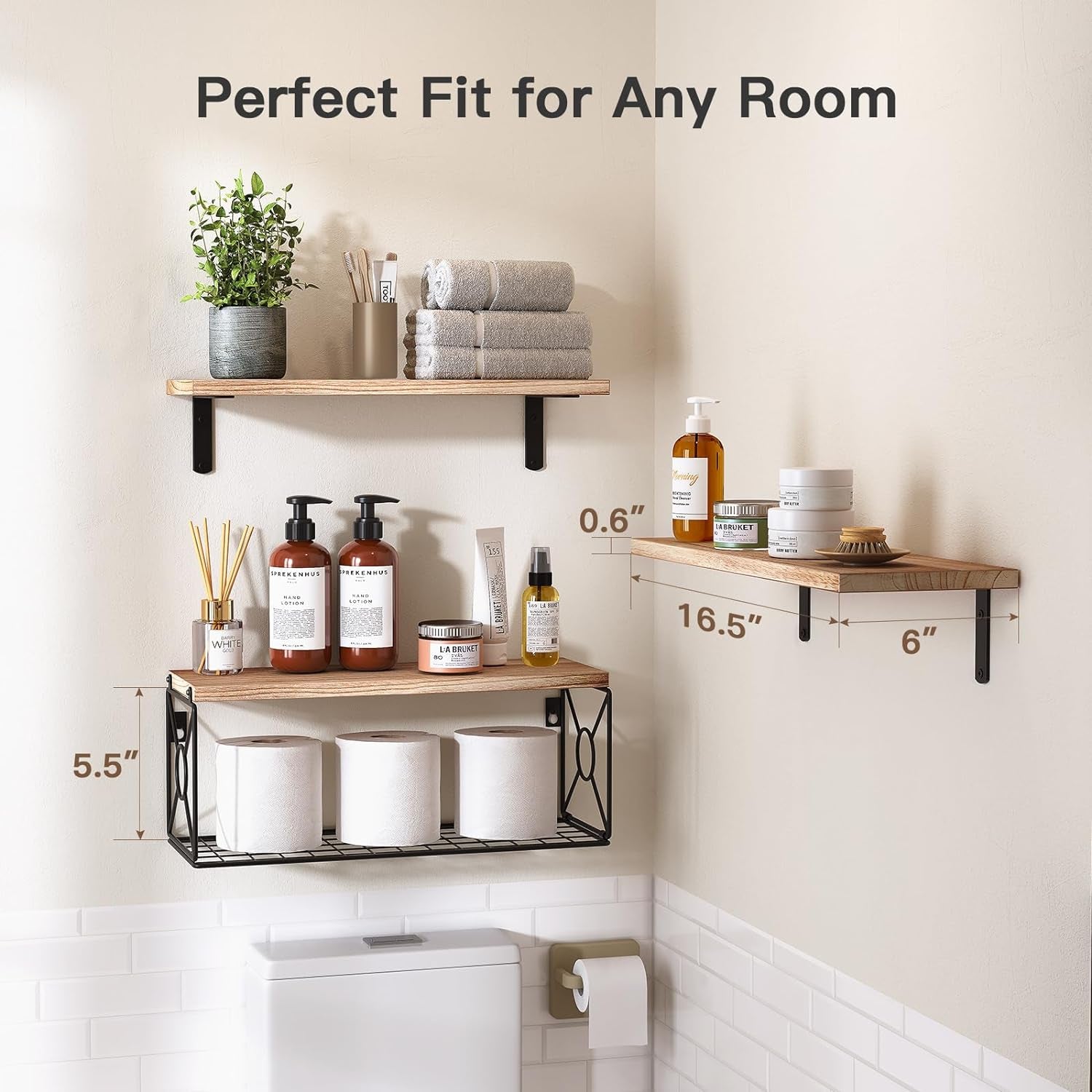 Amada Bathroom Shelves over Toilet with Storage Basket, Floating Wall Shelf for Home Organization & Wall Decor, Bathroom/Kitchen/Living Room Shelves–Natural Wood