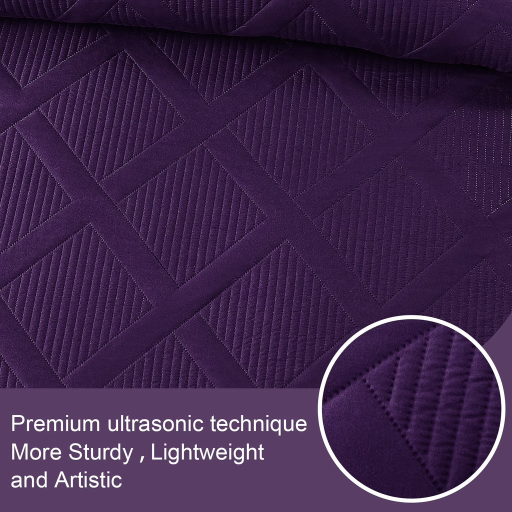 Ultrasonic Twin Quilt Set, 2-Piece Lightweight Bedspreads Modern Striped Coverlet, Deep Purple