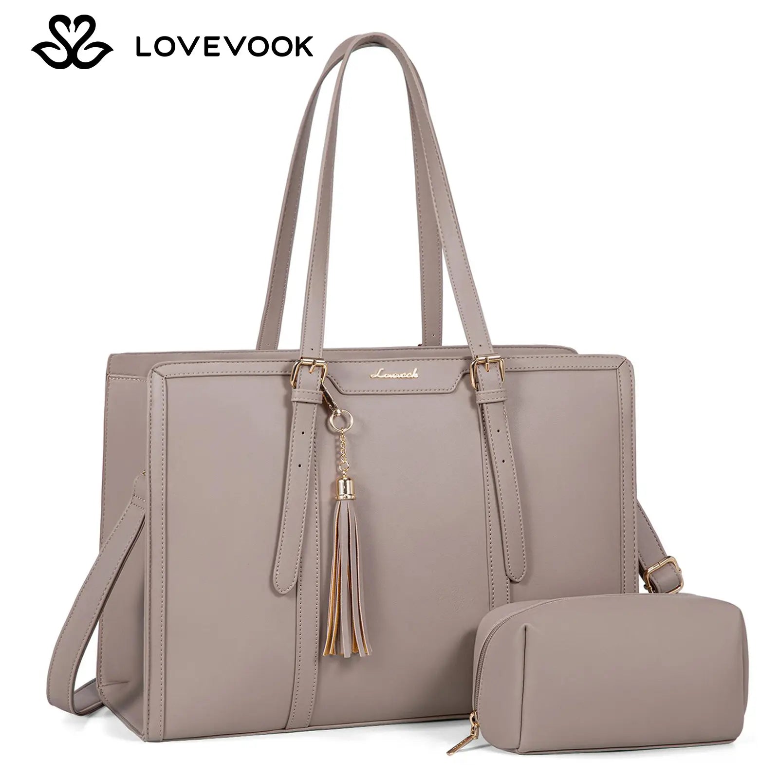 LOVEVOOK Canvas Laptop Tote Bag 15.6 & 17.3 Inches for Women with Clutch Purse, Lightweight Tote Bag with 2 Cup Holder, Purses for Women, Computer Bag for Work, Office, Casual. Dealsforyoudays