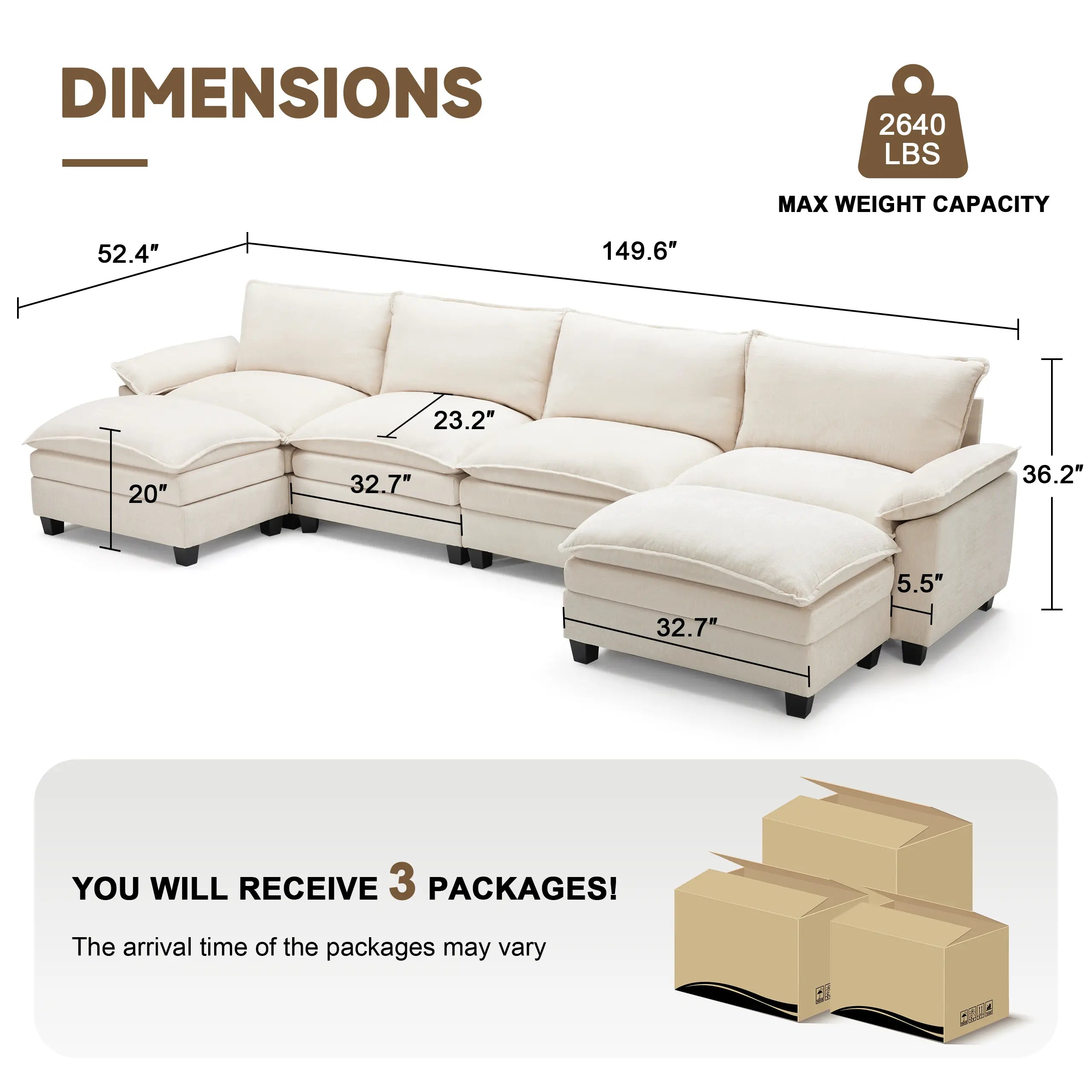 【2-3 Packages】115-149 Inch Modular Couch Sectionals with Ottoman, Big Comfy Cloud Couches, L/U Shaped 4-6 Seat Modular Sectional Sofa, Modern Cloud Sectional Couches for Living Room, Deep Seat Sofa