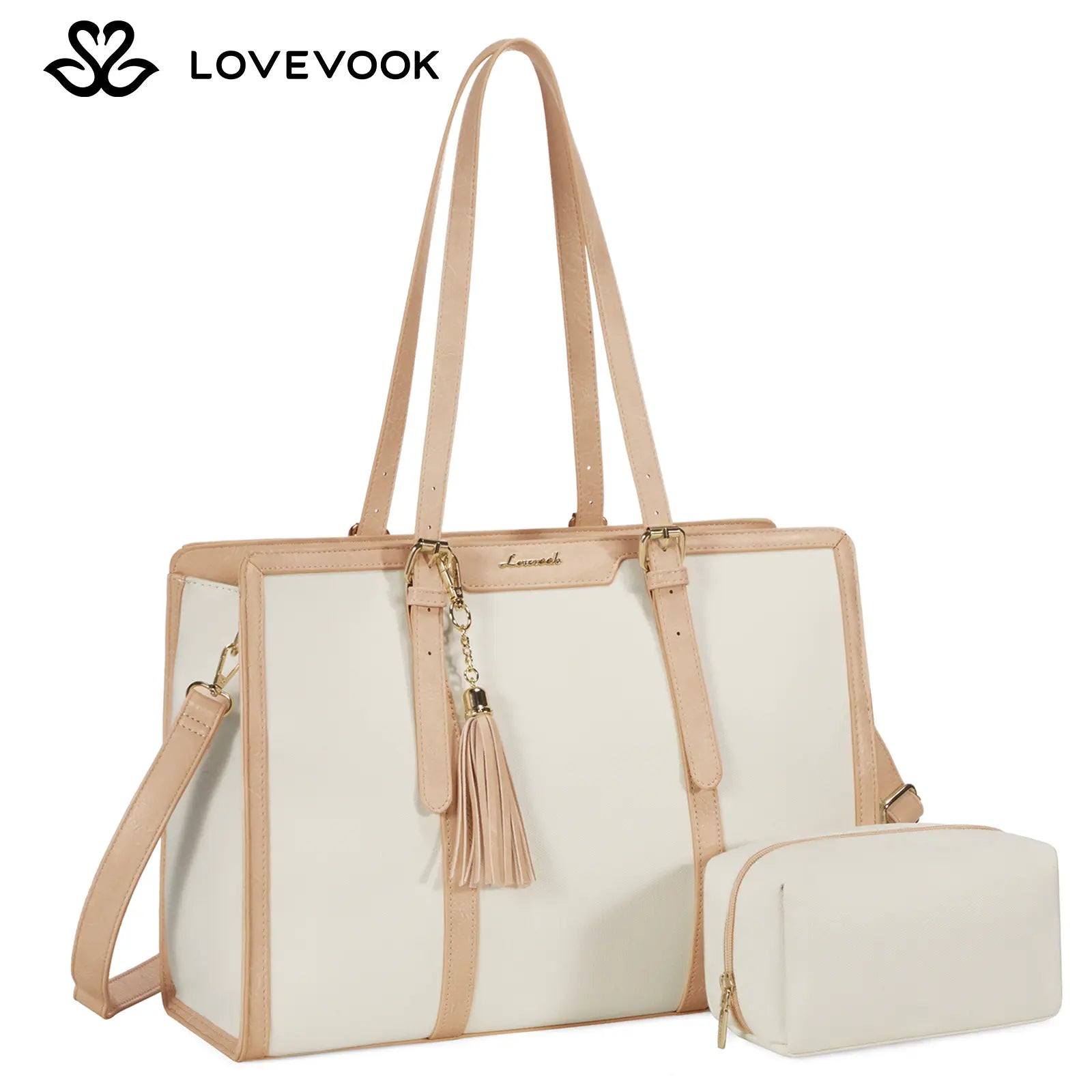LOVEVOOK Canvas Laptop Tote Bag 15.6 & 17.3 Inches for Women with Clutch Purse, Lightweight Tote Bag with 2 Cup Holder, Purses for Women, Computer Bag for Work, Office, Casual. Dealsforyoudays