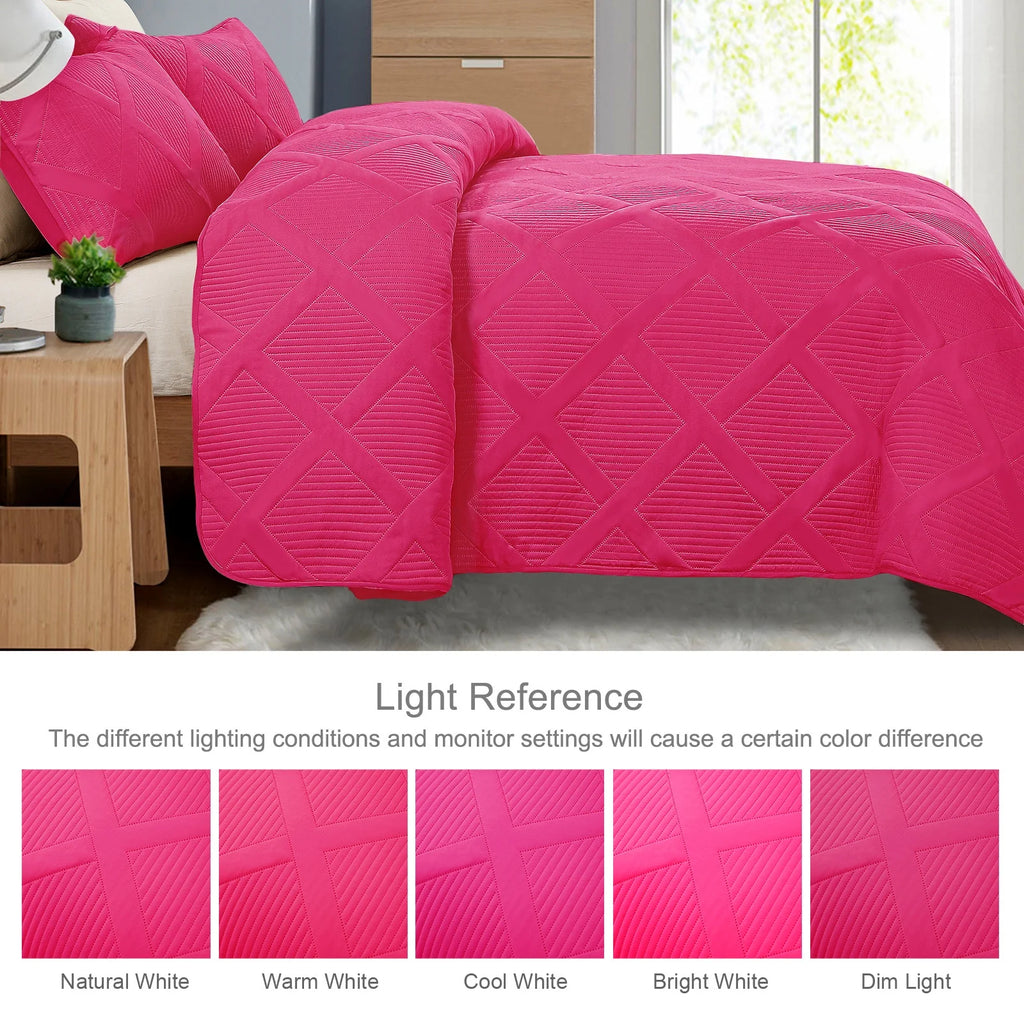Ultrasonic King Quilt Set, 3-Piece Lightweight Bedspreads Modern Striped Coverlet, Hot Pink