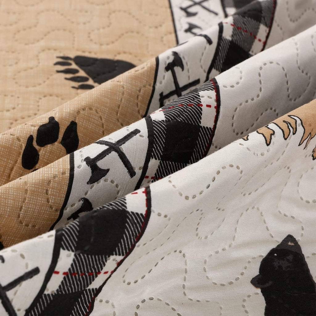Quilt Set Queen/Full Size Rustic Quilt Bedspread Country Lodge Bedding Cabin Reversible Quilt Bedding Home Lightweight Bedspread Coverlet Black White Buffalo Plaid Quilt Animal Moose Bear Bedding