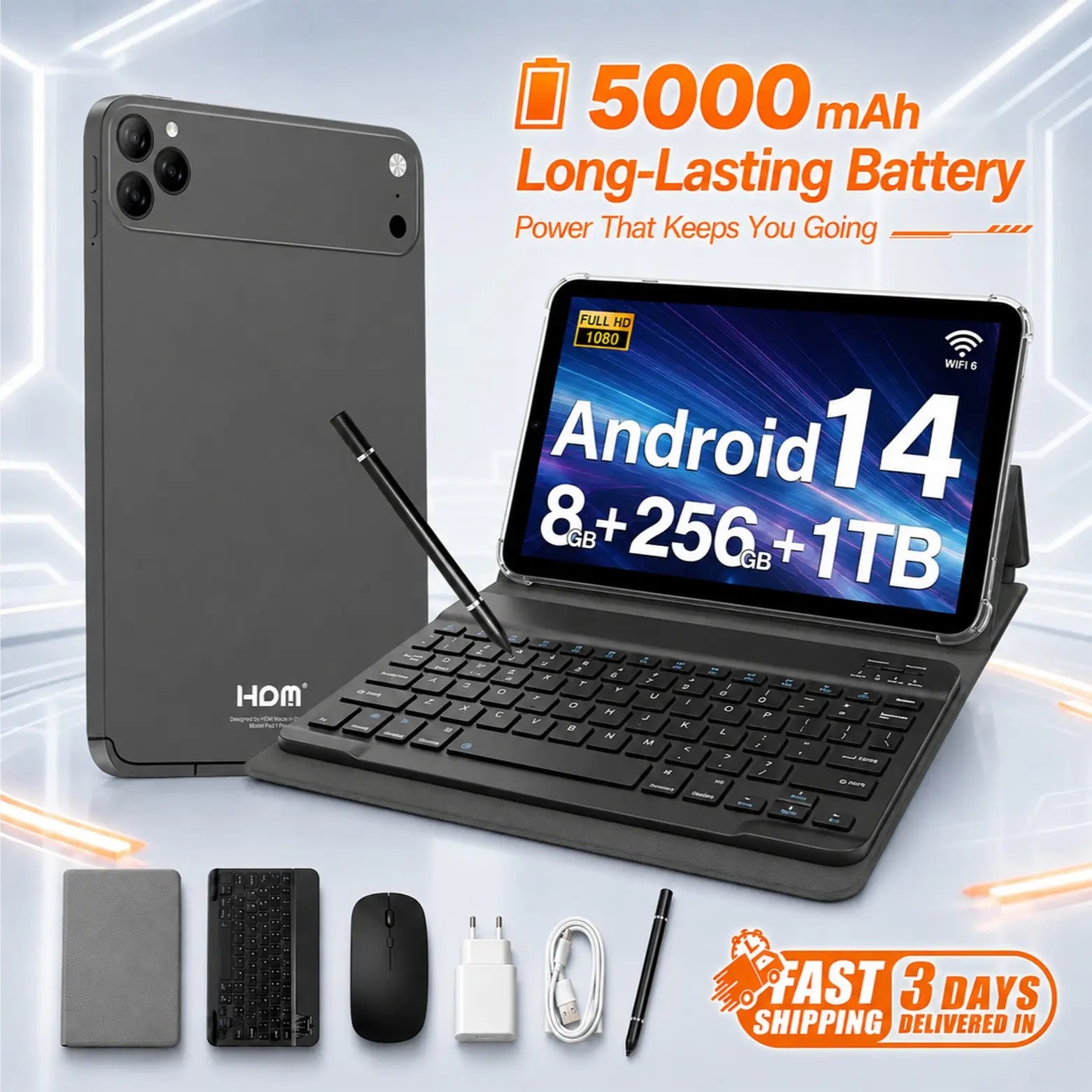 Portable Android 14 Tablet Bundle for Travel & Remote Work, 10.1" 2K Display, 8GB+256GB Storage, Wifi & SIM Supported with Keyboard, Mouse & Stylus