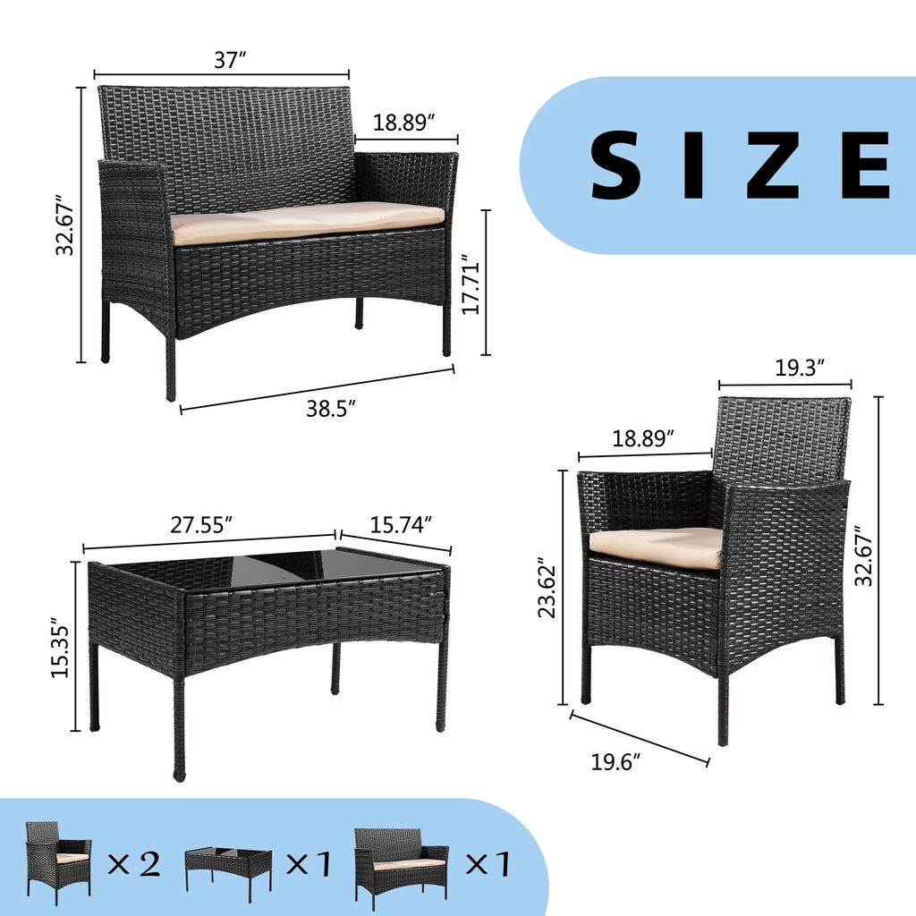 4-Piece Patio Rattan Furniture Set with Cushions & Tempered Glass Tabletop, White