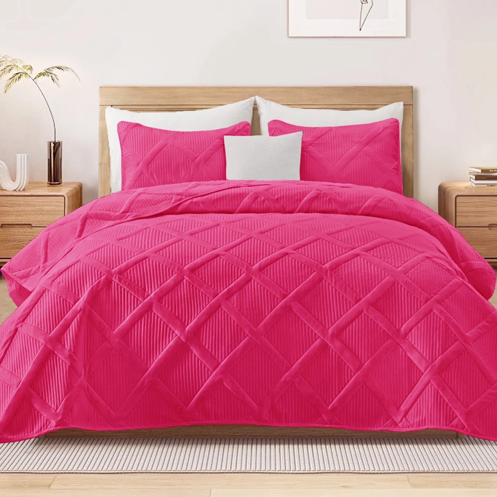 Ultrasonic King Quilt Set, 3-Piece Lightweight Bedspreads Modern Striped Coverlet, Hot Pink