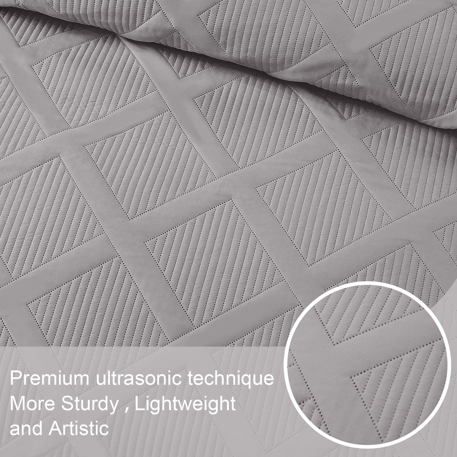 Ultrasonic King Quilt Set, 3-Piece Lightweight Bedspreads Modern Striped Coverlet, Light Grey