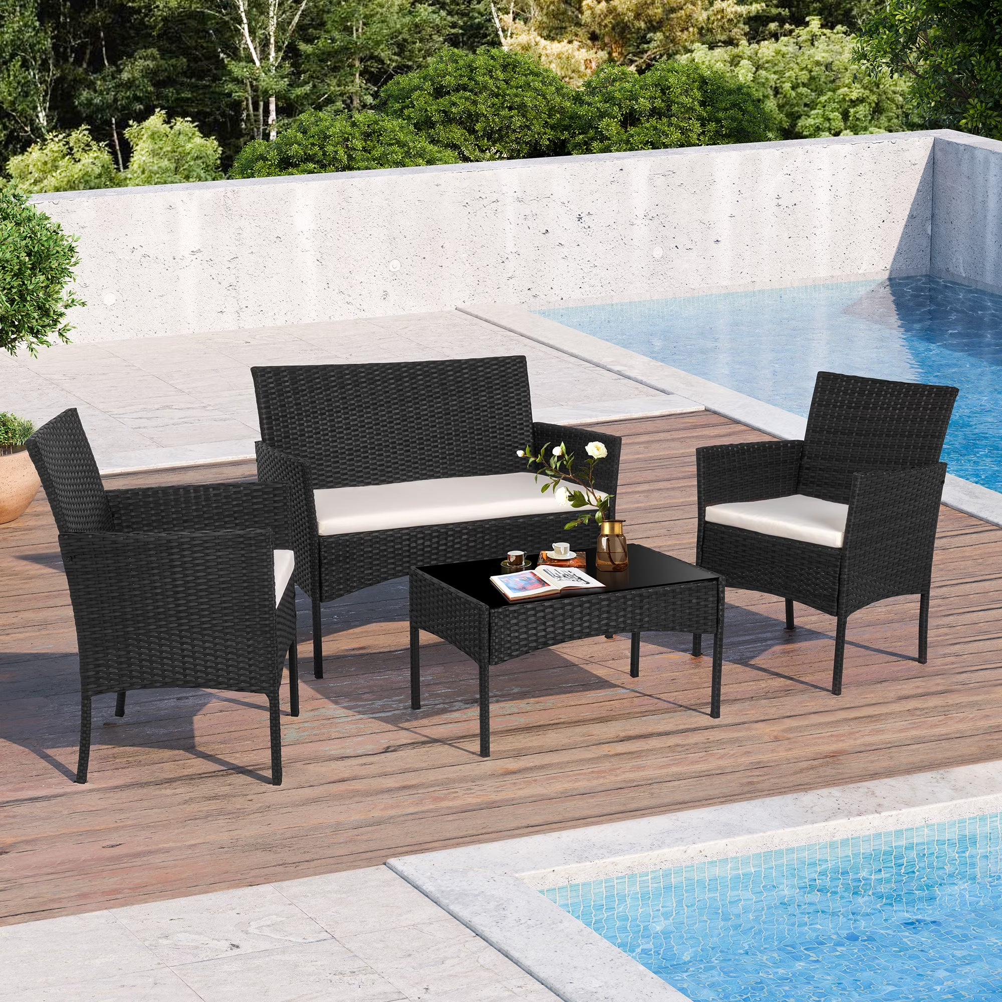 4-Piece Patio Rattan Furniture Set with Cushions & Tempered Glass Tabletop, White