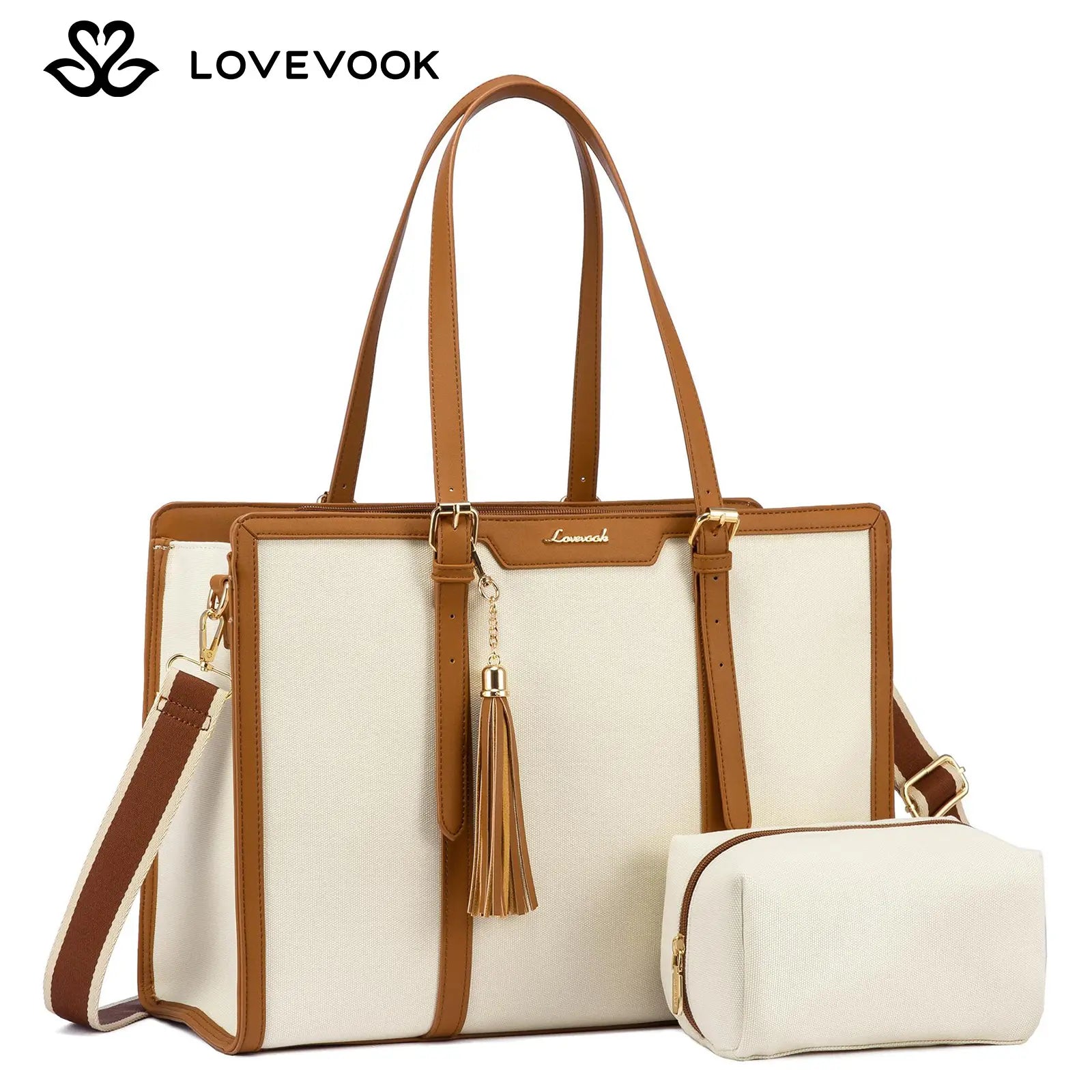 LOVEVOOK Canvas Laptop Tote Bag 15.6 & 17.3 Inches for Women with Clutch Purse, Lightweight Tote Bag with 2 Cup Holder, Purses for Women, Computer Bag for Work, Office, Casual. Dealsforyoudays
