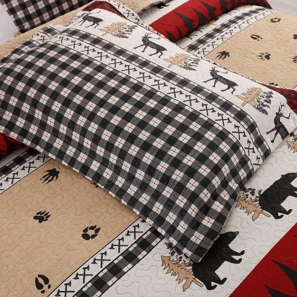 Quilt Set Queen/Full Size Rustic Quilt Bedspread Country Lodge Bedding Cabin Reversible Quilt Bedding Home Lightweight Bedspread Coverlet Black White Buffalo Plaid Quilt Animal Moose Bear Bedding