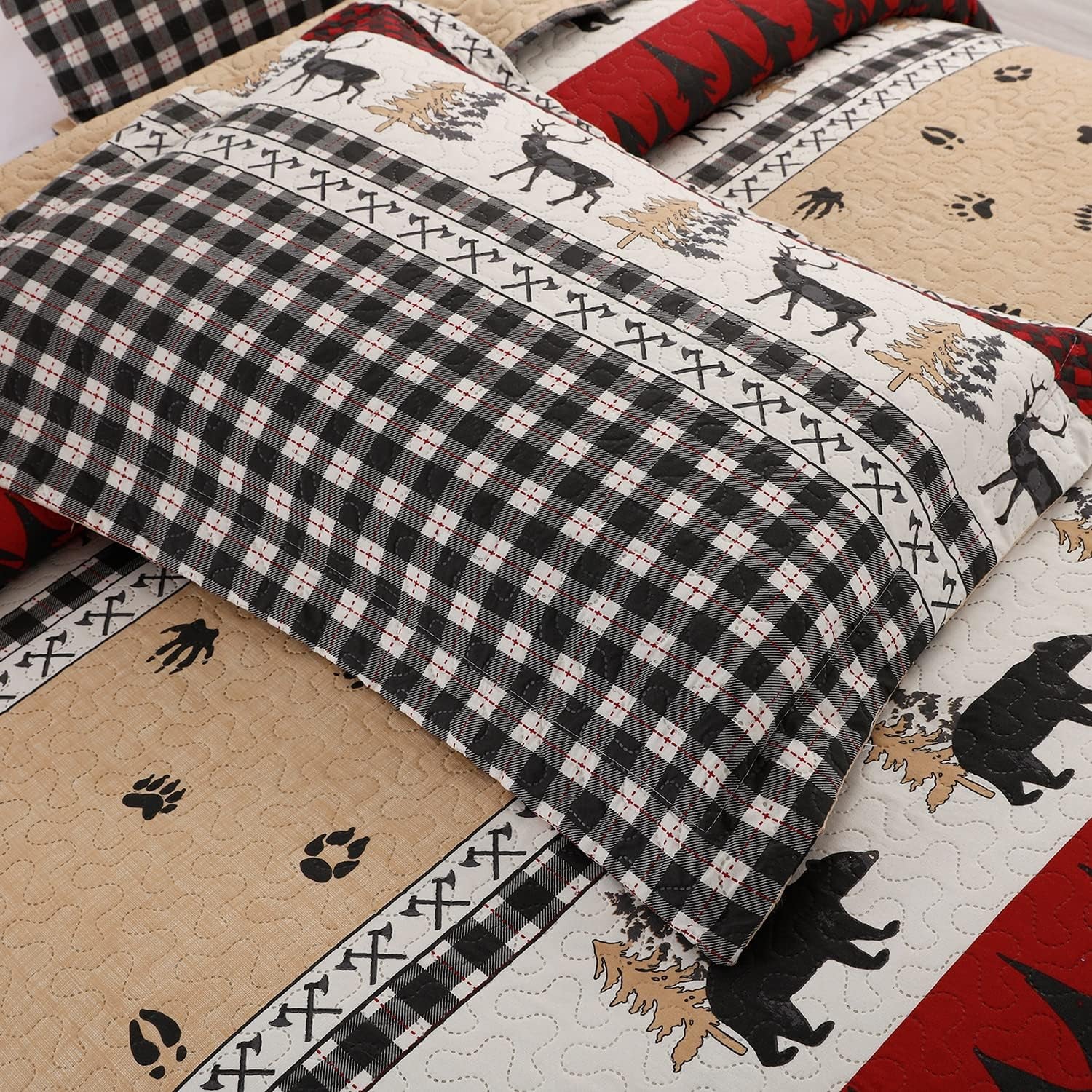 Quilt Set Queen/Full Size Rustic Quilt Bedspread Country Lodge Bedding Cabin Reversible Quilt Bedding Home Lightweight Bedspread Coverlet Black White Buffalo Plaid Quilt Animal Moose Bear Bedding