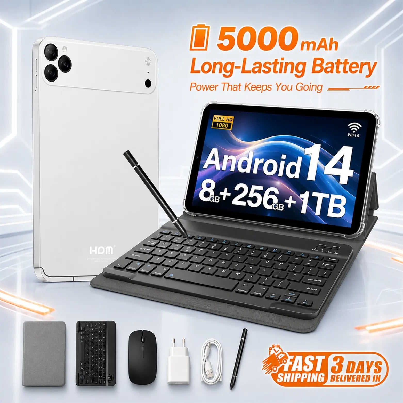 Portable Android 14 Tablet Bundle for Travel & Remote Work, 10.1" 2K Display, 8GB+256GB Storage, Wifi & SIM Supported with Keyboard, Mouse & Stylus