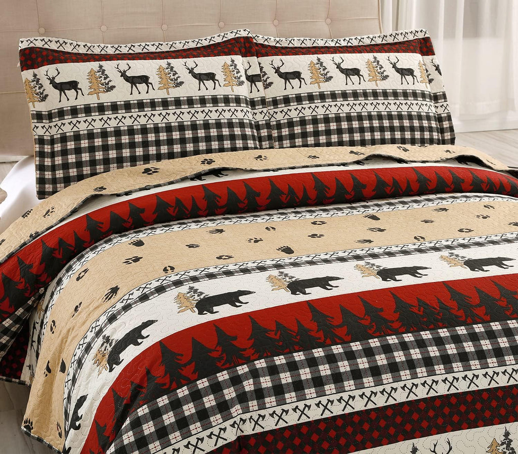 Quilt Set Queen/Full Size Rustic Quilt Bedspread Country Lodge Bedding Cabin Reversible Quilt Bedding Home Lightweight Bedspread Coverlet Black White Buffalo Plaid Quilt Animal Moose Bear Bedding