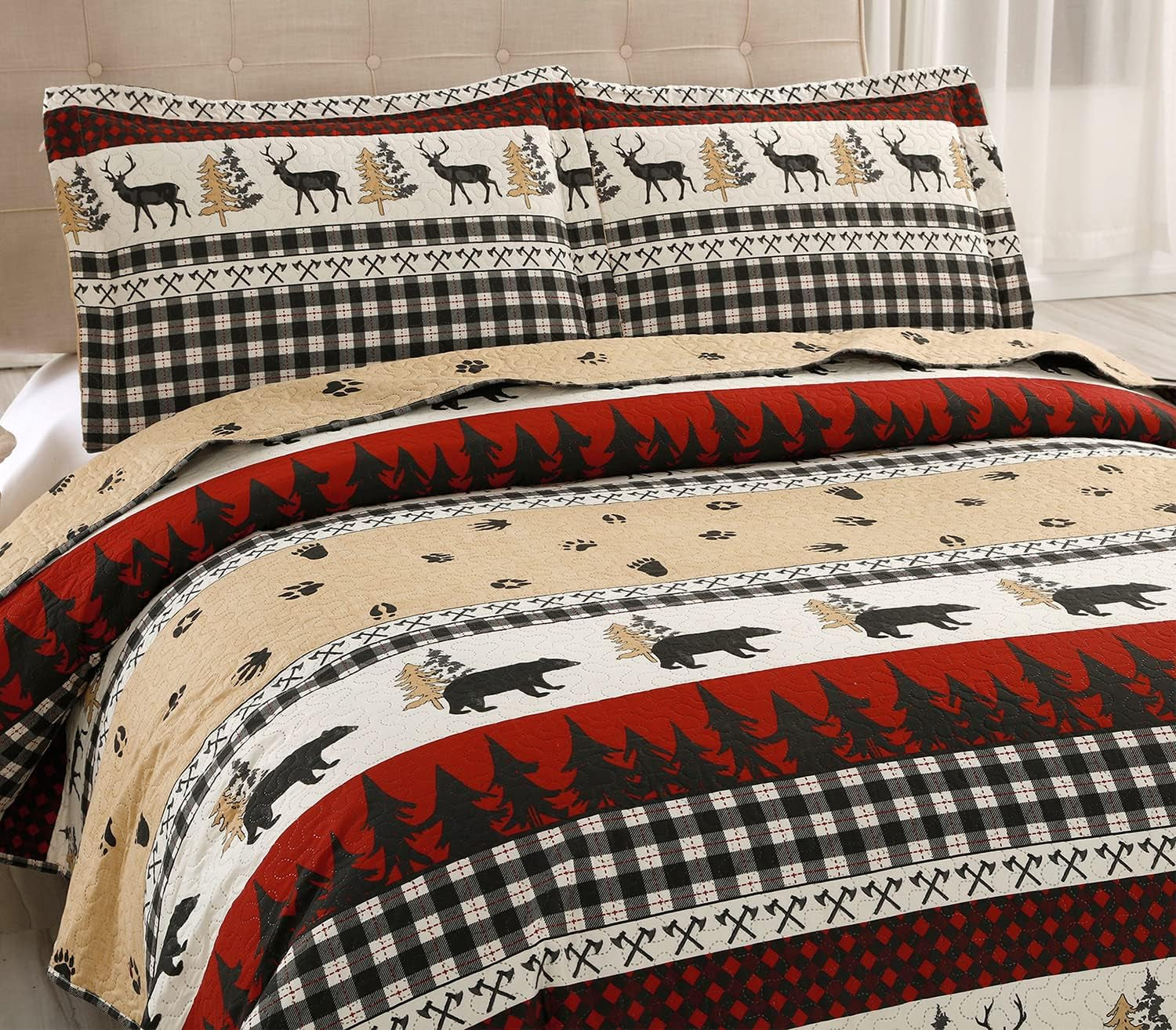 Quilt Set Queen/Full Size Rustic Quilt Bedspread Country Lodge Bedding Cabin Reversible Quilt Bedding Home Lightweight Bedspread Coverlet Black White Buffalo Plaid Quilt Animal Moose Bear Bedding