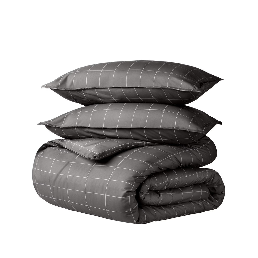 Luxury Duvet Cover and Sham Set - Premium 1800 Collection - Ultra-Soft - Oversized Queen, Grid - Gray/White, 3-Pieces