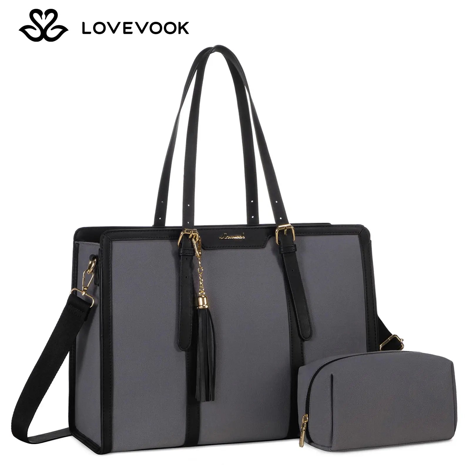 LOVEVOOK Canvas Laptop Tote Bag 15.6 & 17.3 Inches for Women with Clutch Purse, Lightweight Tote Bag with 2 Cup Holder, Purses for Women, Computer Bag for Work, Office, Casual. Dealsforyoudays