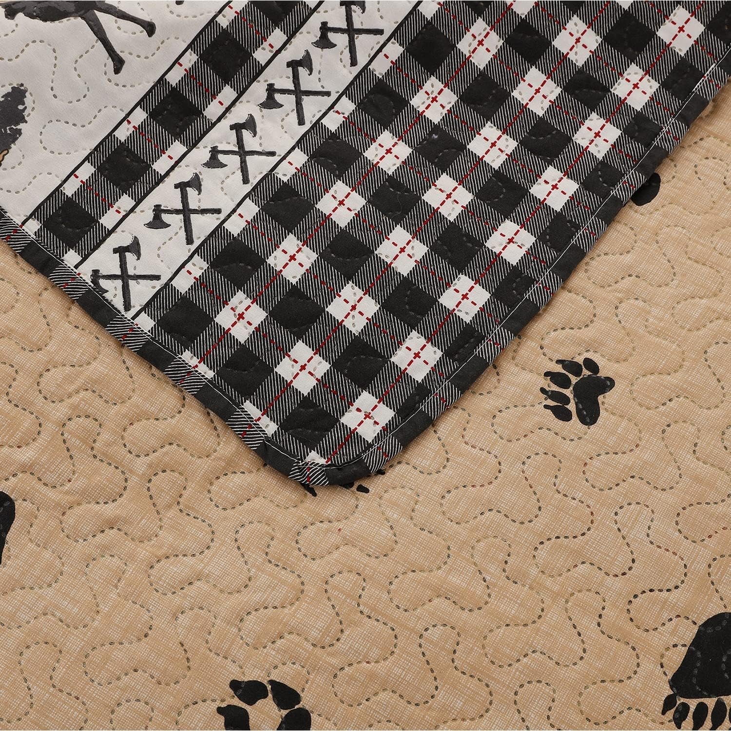 Quilt Set Queen/Full Size Rustic Quilt Bedspread Country Lodge Bedding Cabin Reversible Quilt Bedding Home Lightweight Bedspread Coverlet Black White Buffalo Plaid Quilt Animal Moose Bear Bedding