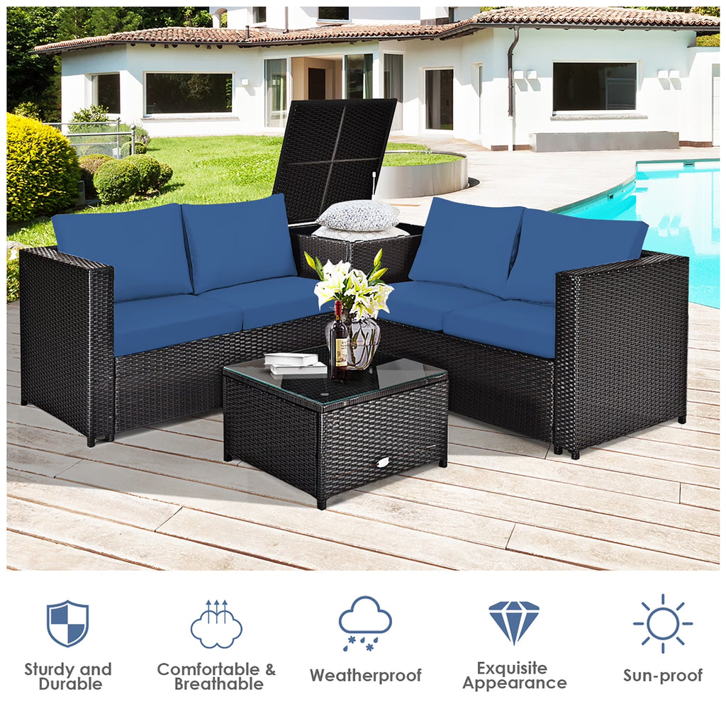4PCS Patio Rattan Furniture Set Cushioned Loveseat Storage Table Navy