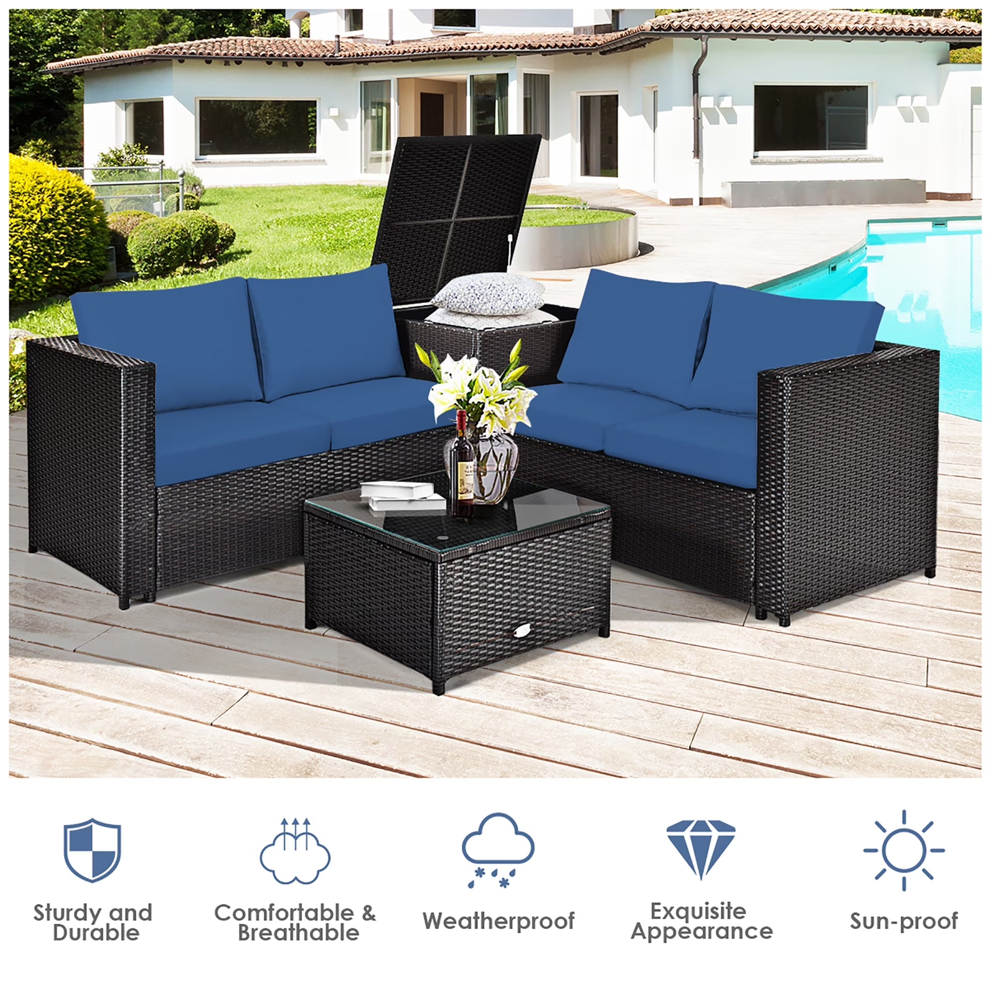 4PCS Patio Rattan Furniture Set Cushioned Loveseat Storage Table Navy