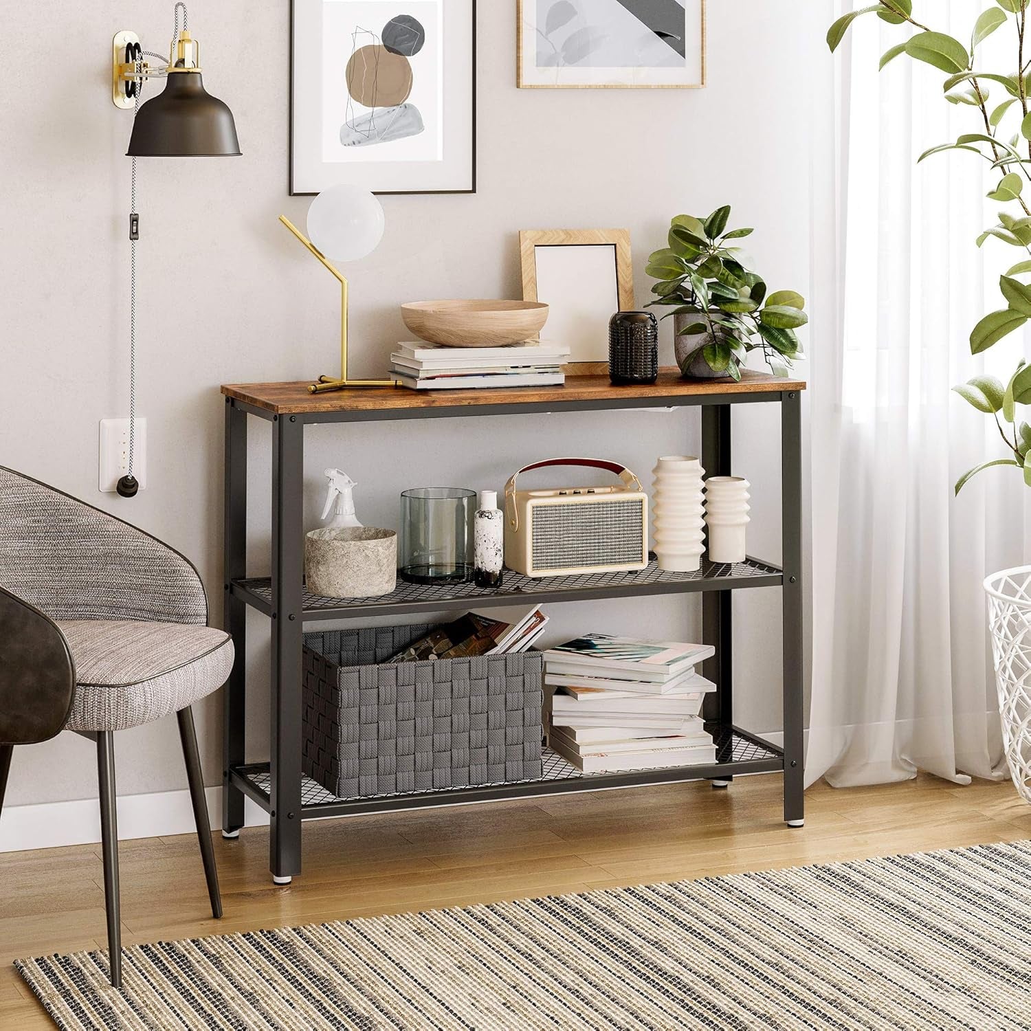 VASAGLE 40" Industrial Console Table, 3 Tier Entryway Table with Storage Shelf, Narrow Sofa Tables for Living Room, Hallway, Entrance Hall, Corridor, Bedroom, Rustic Brown and Black ULNT81BX