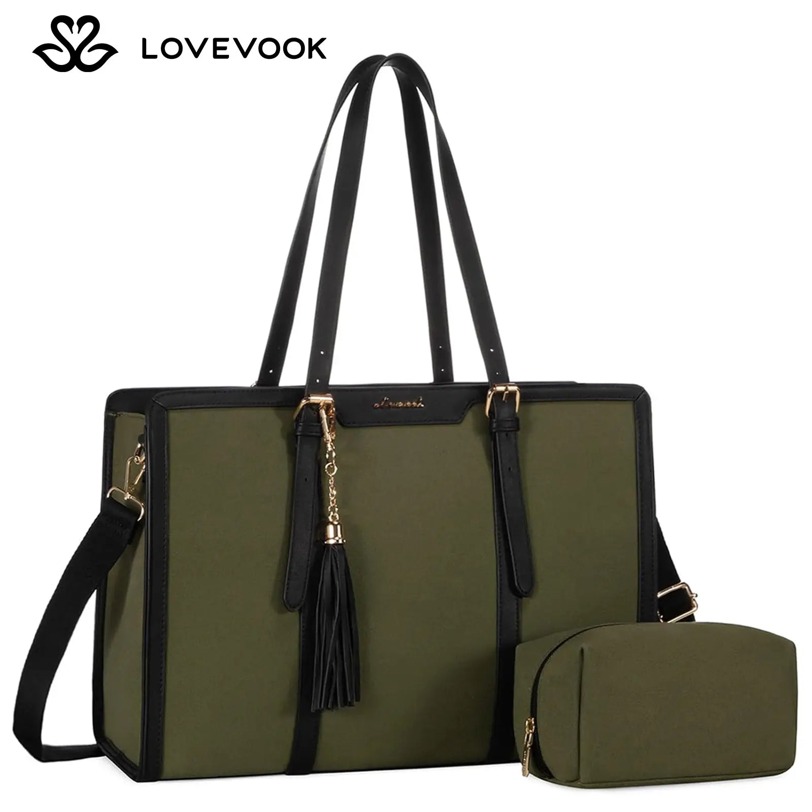 LOVEVOOK Canvas Laptop Tote Bag 15.6 & 17.3 Inches for Women with Clutch Purse, Lightweight Tote Bag with 2 Cup Holder, Purses for Women, Computer Bag for Work, Office, Casual. Dealsforyoudays