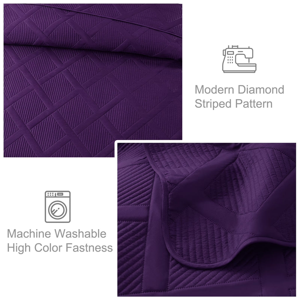 Ultrasonic Twin Quilt Set, 2-Piece Lightweight Bedspreads Modern Striped Coverlet, Deep Purple