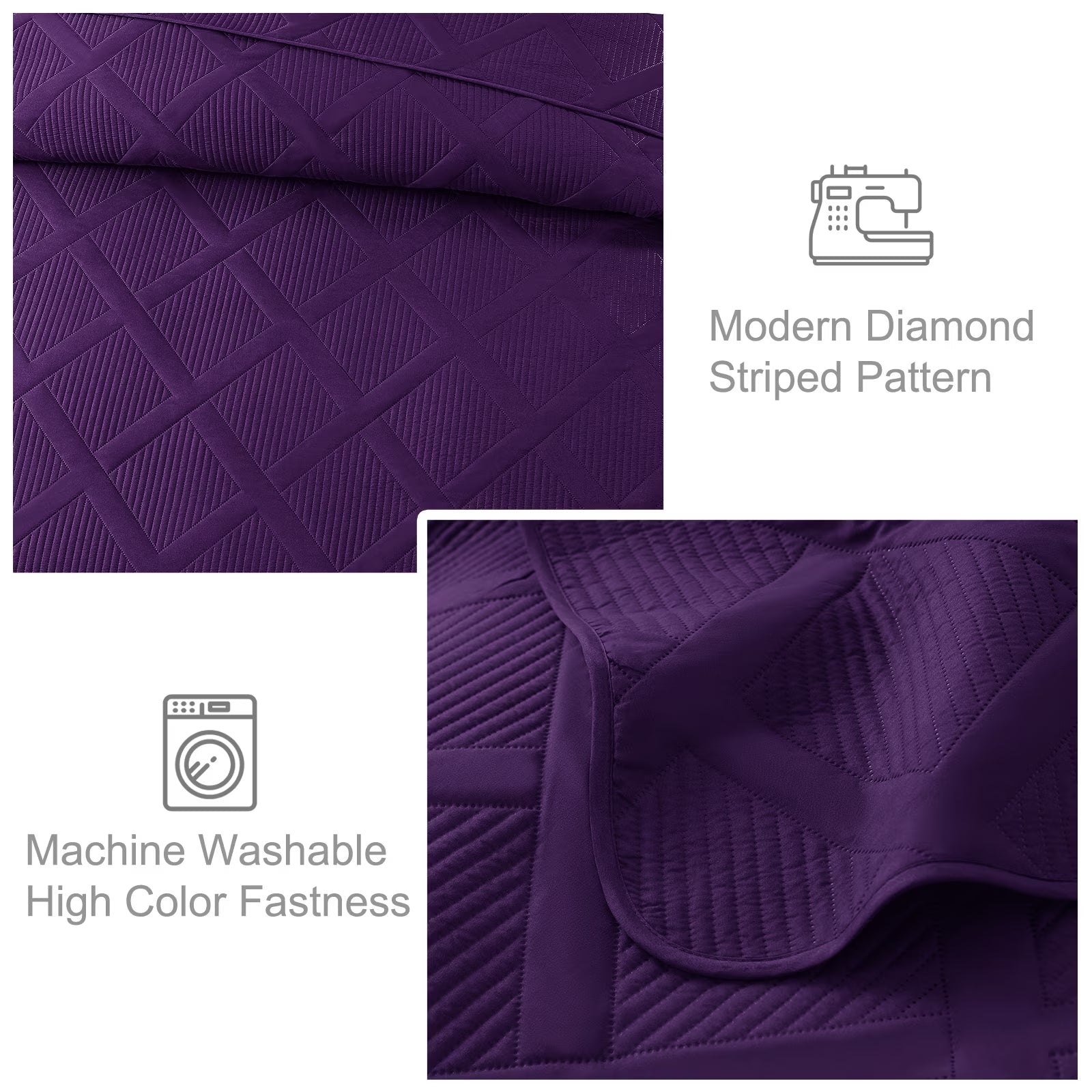 Ultrasonic Twin Quilt Set, 2-Piece Lightweight Bedspreads Modern Striped Coverlet, Deep Purple