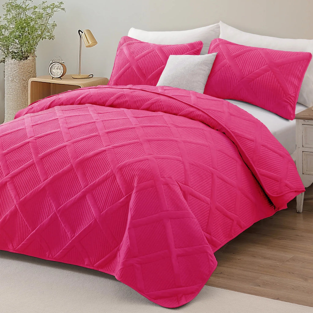Ultrasonic King Quilt Set, 3-Piece Lightweight Bedspreads Modern Striped Coverlet, Hot Pink