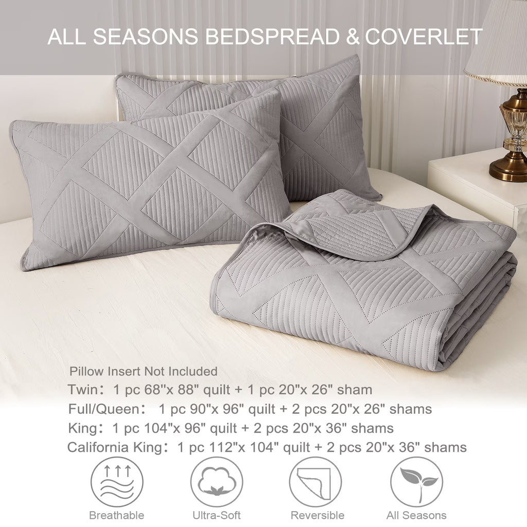 Ultrasonic King Quilt Set, 3-Piece Lightweight Bedspreads Modern Striped Coverlet, Light Grey