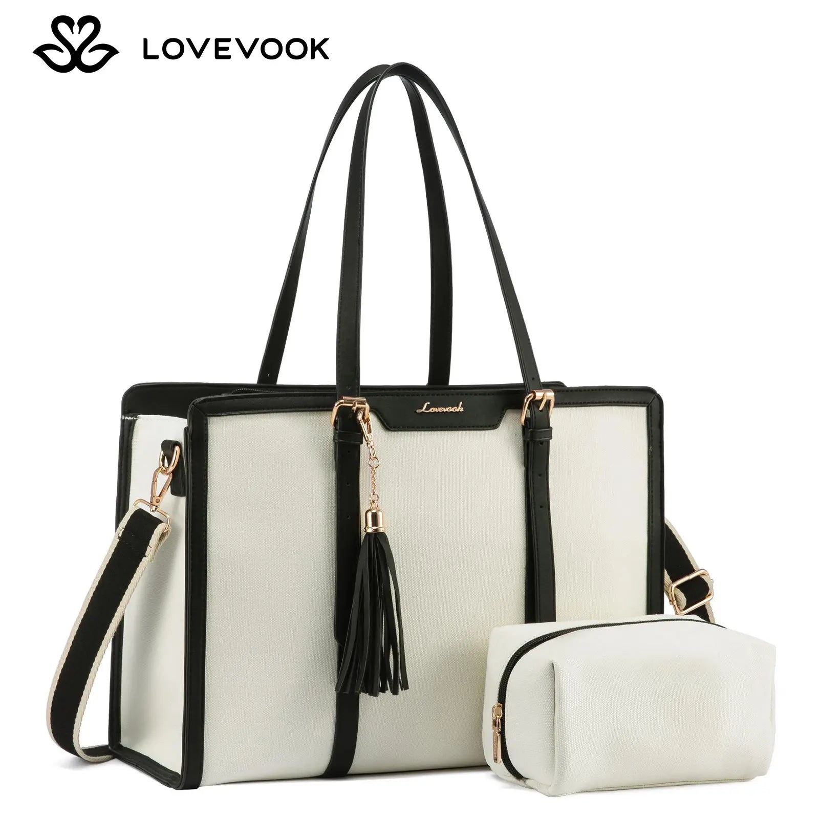 LOVEVOOK Canvas Laptop Tote Bag 15.6 & 17.3 Inches for Women with Clutch Purse, Lightweight Tote Bag with 2 Cup Holder, Purses for Women, Computer Bag for Work, Office, Casual. Dealsforyoudays