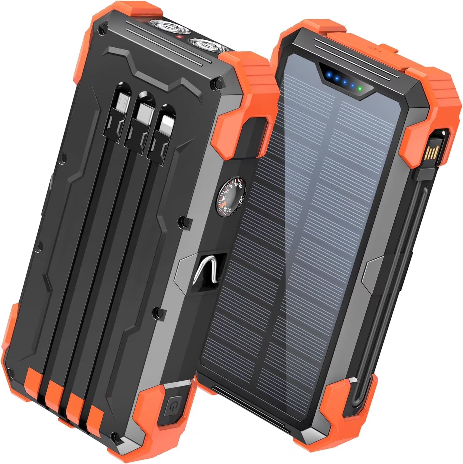 42800Mah Solar Charger Power Bank with 4 Cables, 15W Fast Charging Portable Charger for Cell Phone, Wireless Charger Solar Battery Pack with Dual Flashlights, Carabiner