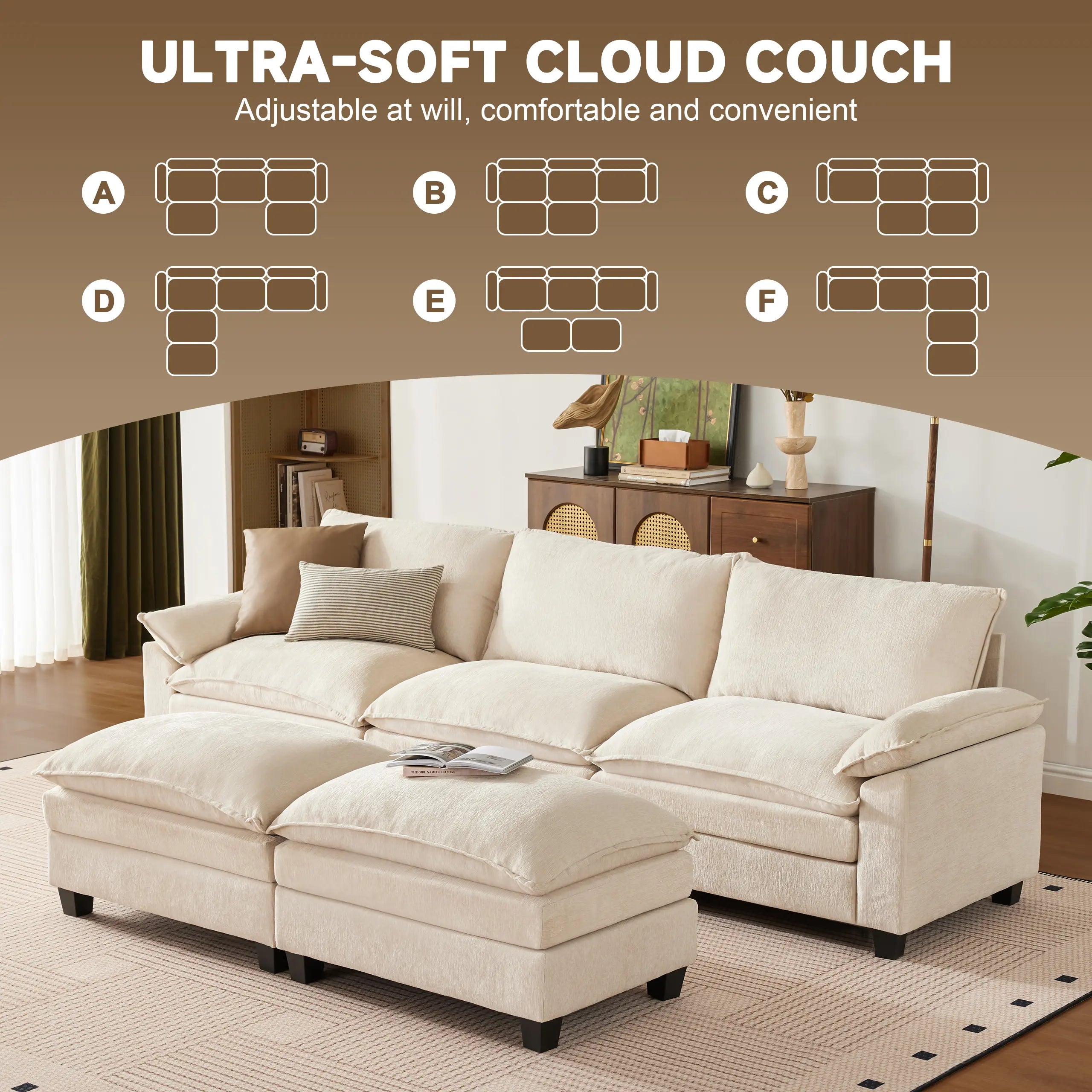 【2-3 Packages】115-149 Inch Modular Couch Sectionals with Ottoman, Big Comfy Cloud Couches, L/U Shaped 4-6 Seat Modular Sectional Sofa, Modern Cloud Sectional Couches for Living Room, Deep Seat Sofa