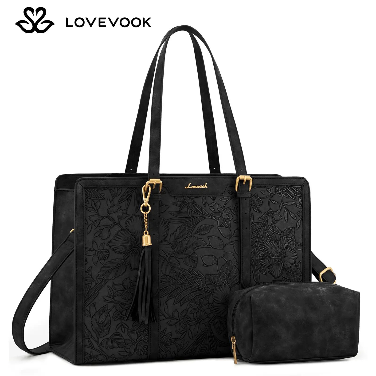 LOVEVOOK Canvas Laptop Tote Bag 15.6 & 17.3 Inches for Women with Clutch Purse, Lightweight Tote Bag with 2 Cup Holder, Purses for Women, Computer Bag for Work, Office, Casual. Dealsforyoudays