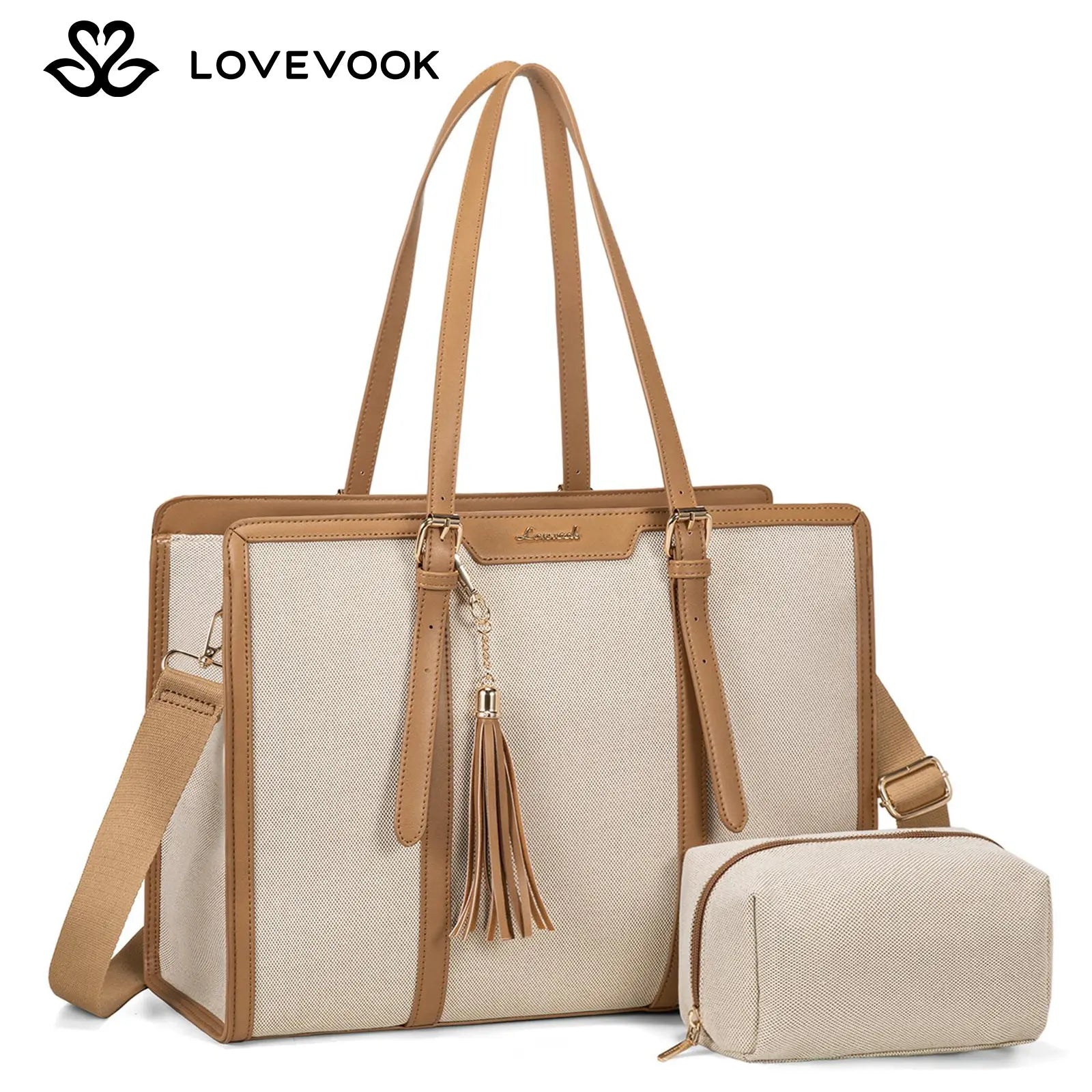 LOVEVOOK Canvas Laptop Tote Bag 15.6 & 17.3 Inches for Women with Clutch Purse, Lightweight Tote Bag with 2 Cup Holder, Purses for Women, Computer Bag for Work, Office, Casual. Dealsforyoudays
