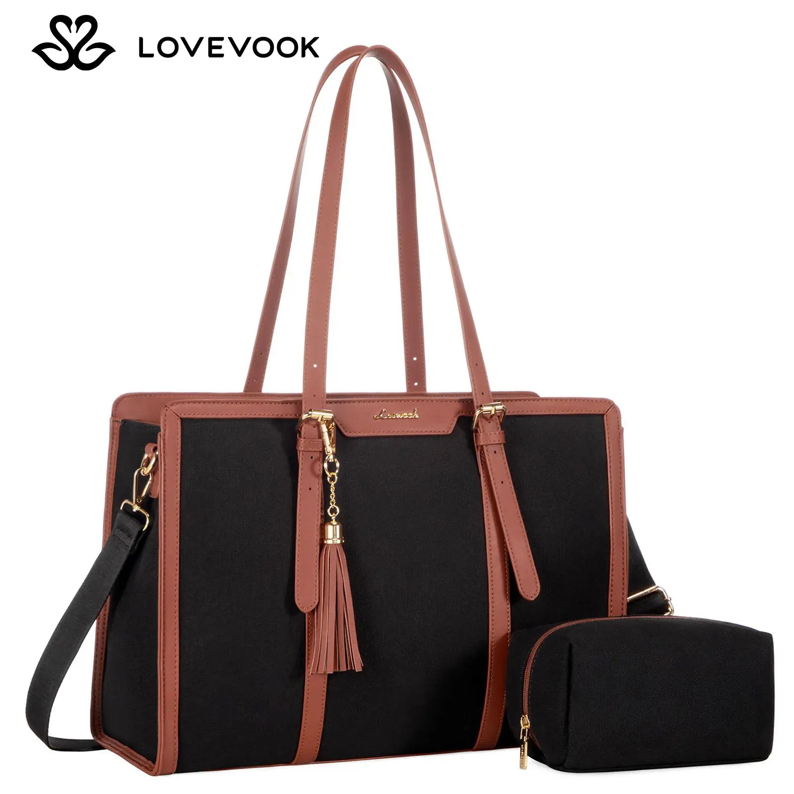 LOVEVOOK Canvas Laptop Tote Bag 15.6 & 17.3 Inches for Women with Clutch Purse, Lightweight Tote Bag with 2 Cup Holder, Purses for Women, Computer Bag for Work, Office, Casual. Dealsforyoudays