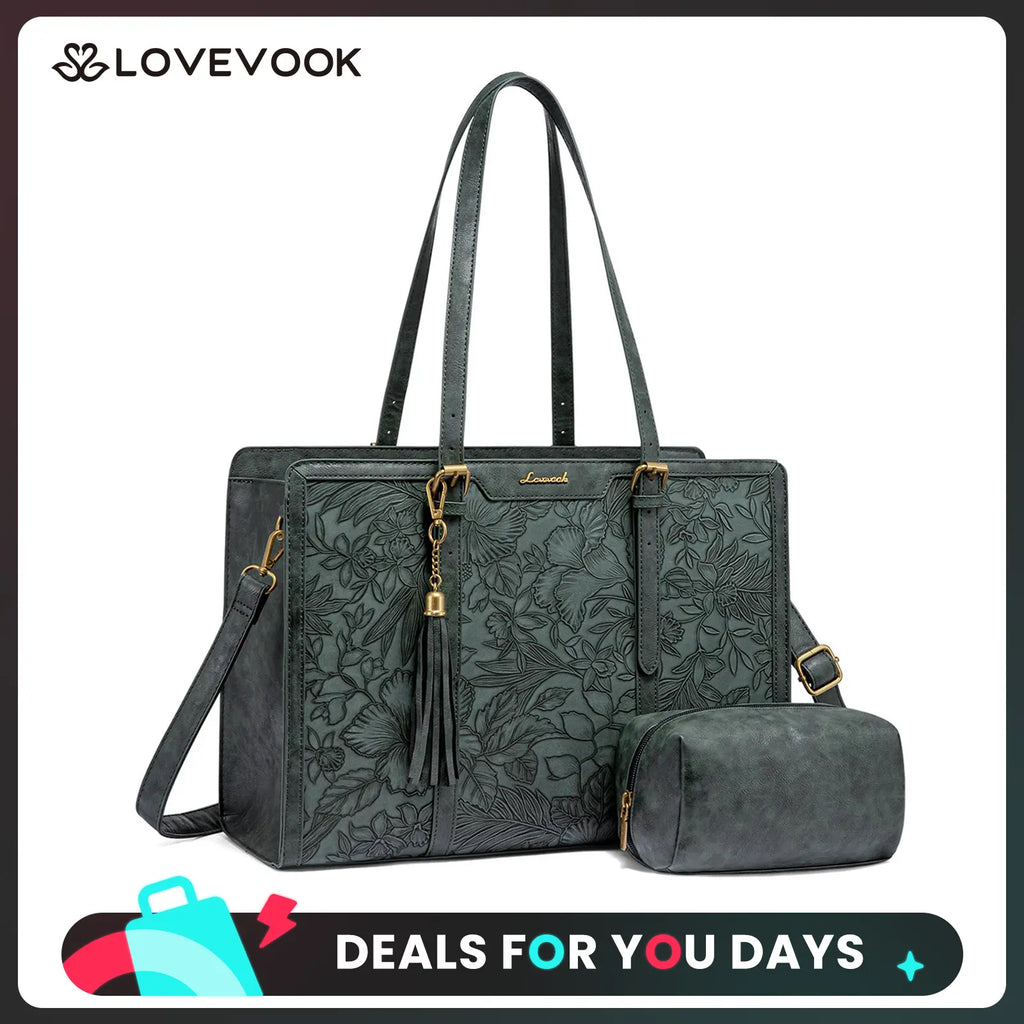 LOVEVOOK Canvas Laptop Tote Bag 15.6 & 17.3 Inches for Women with Clutch Purse, Lightweight Tote Bag with 2 Cup Holder, Purses for Women, Computer Bag for Work, Office, Casual. Dealsforyoudays