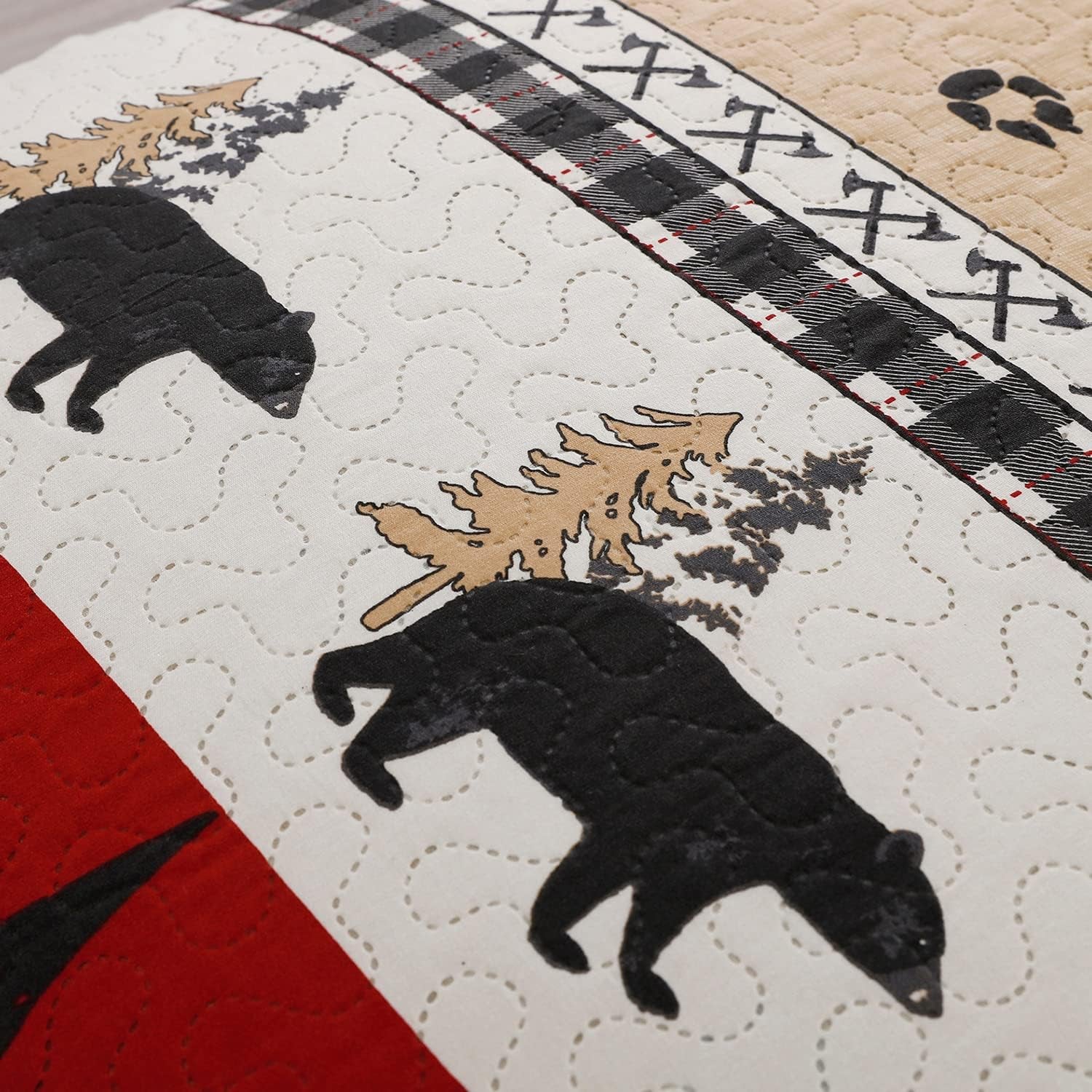 Quilt Set Queen/Full Size Rustic Quilt Bedspread Country Lodge Bedding Cabin Reversible Quilt Bedding Home Lightweight Bedspread Coverlet Black White Buffalo Plaid Quilt Animal Moose Bear Bedding