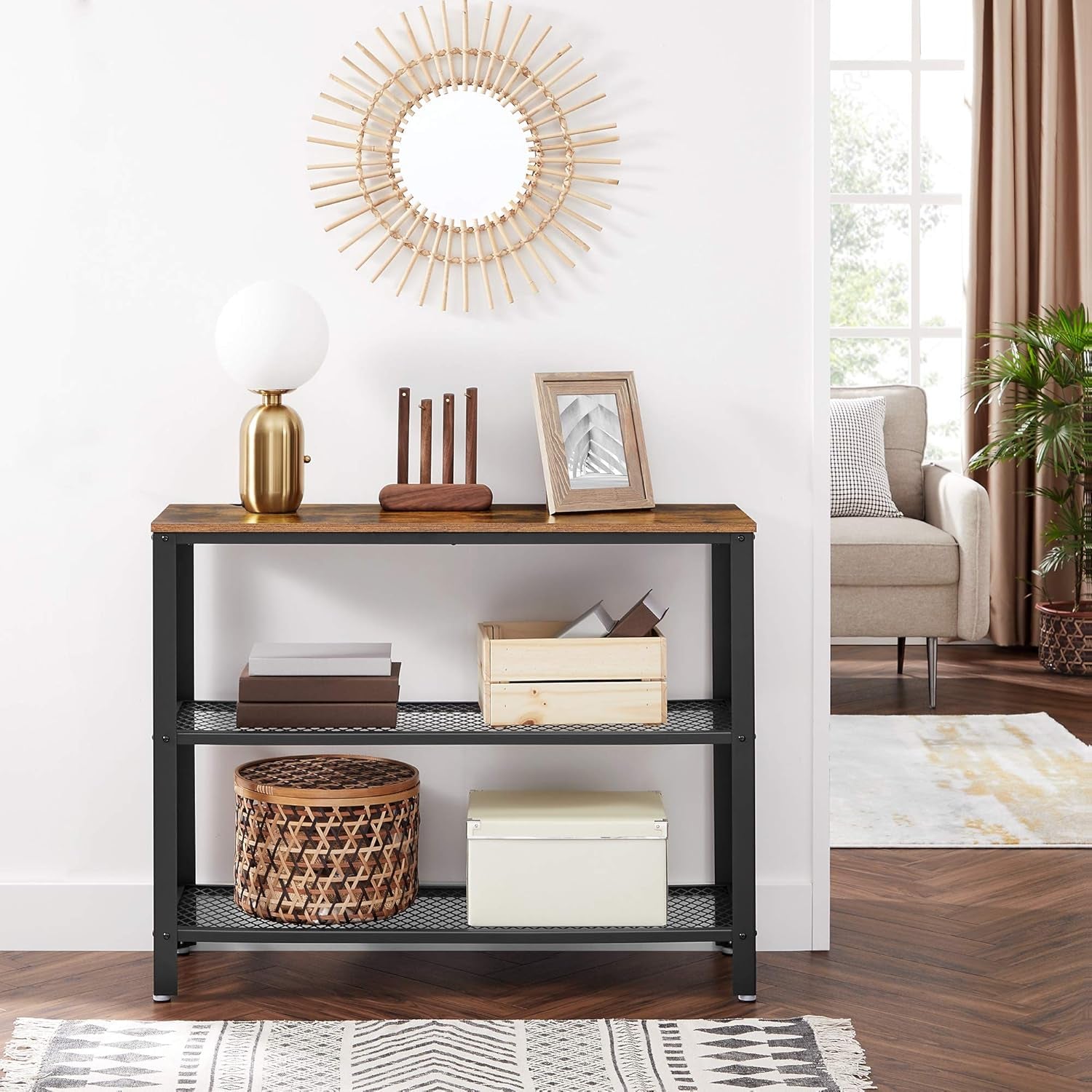 VASAGLE 40" Industrial Console Table, 3 Tier Entryway Table with Storage Shelf, Narrow Sofa Tables for Living Room, Hallway, Entrance Hall, Corridor, Bedroom, Rustic Brown and Black ULNT81BX